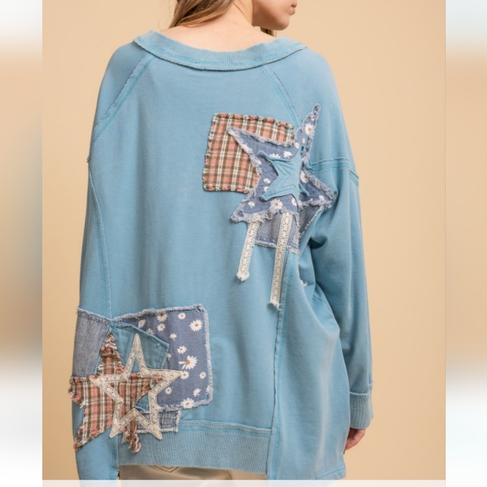 Bvb54 Blue Velvet Patchwork V-Neck Sweater - image 2